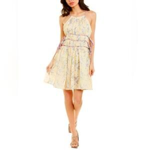 NWT 70/21 Floral Yellow 100% Cotton Halter Mini Dress, size L